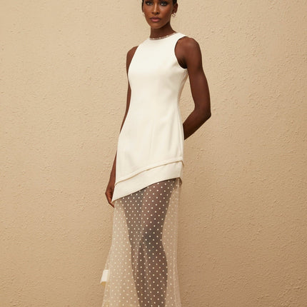 Brianna Maxi Dress Cream White Polka Dot Tulle Paneling Cinched Waist Asymmetrical Design 100% Terylene Fiber Round Neck Rear Zip Fastening Luxurious Silhouette Elegant Sophisticated Glamour