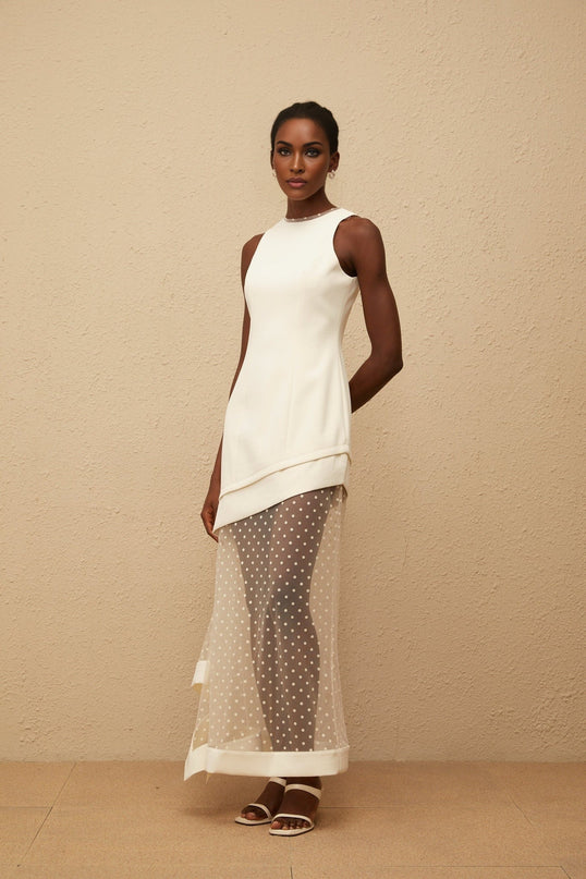 Brianna Maxi Dress Cream White Polka Dot Tulle Paneling Cinched Waist Asymmetrical Design 100% Terylene Fiber Round Neck Rear Zip Fastening Luxurious Silhouette Elegant Sophisticated Glamour