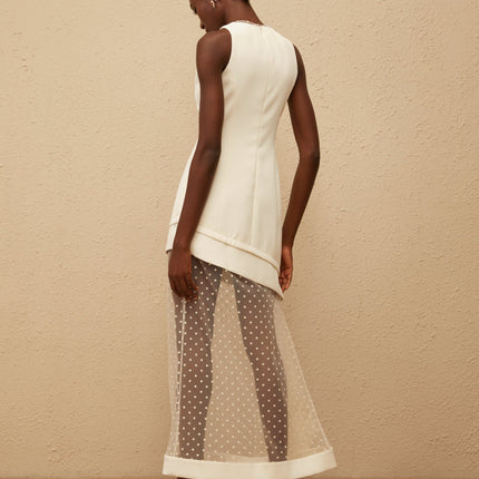 Brianna Maxi Dress Cream White Polka Dot Tulle Paneling Cinched Waist Asymmetrical Design 100% Terylene Fiber Round Neck Rear Zip Fastening Luxurious Silhouette Elegant Sophisticated Glamour