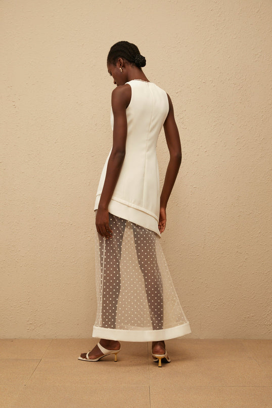 Brianna Maxi Dress Cream White Polka Dot Tulle Paneling Cinched Waist Asymmetrical Design 100% Terylene Fiber Round Neck Rear Zip Fastening Luxurious Silhouette Elegant Sophisticated Glamour