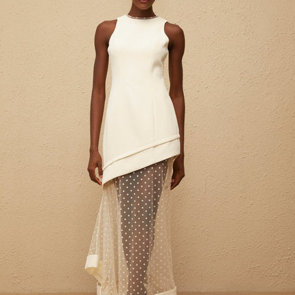 Brianna Maxi Dress Cream White Polka Dot Tulle Paneling Cinched Waist Asymmetrical Design 100% Terylene Fiber Round Neck Rear Zip Fastening