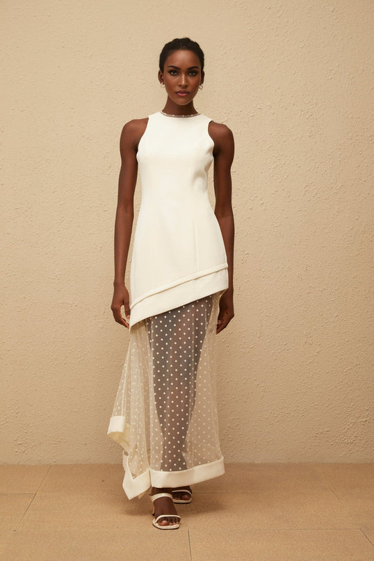 Brianna Maxi Dress Cream White Polka Dot Tulle Paneling Cinched Waist Asymmetrical Design 100% Terylene Fiber Round Neck Rear Zip Fastening