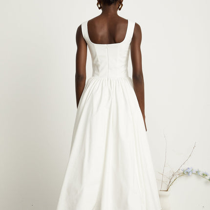 Brianna White Corset Gown Pleated Flared Skirt Square Neck Sleeveless Ankle Length Dress