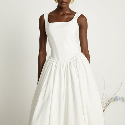 Brianna White Corset Gown Square Neck Sleeveless Pleated Flared Skirt Ankle Length Dress