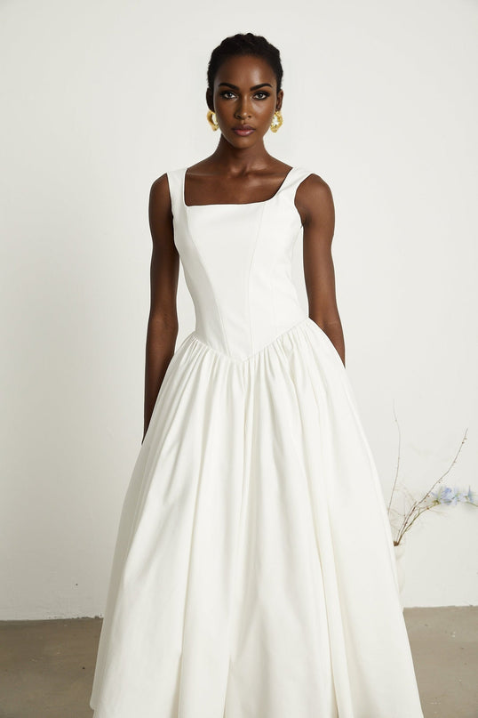 Brianna White Corset Gown Square Neck Sleeveless Pleated Flared Skirt Ankle Length Dress