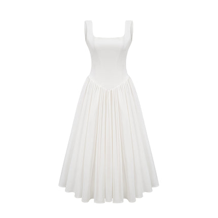 Brianna White Corset Gown Square Neck Sleeveless Pleated Flared Skirt Ankle Length Dress