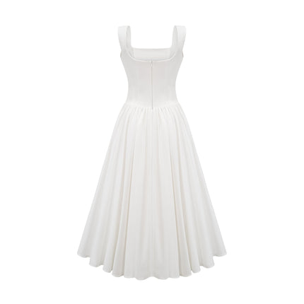 Brianna White Corset Gown Square Neck Sleeveless Pleated Flared Skirt Ankle Length Dress