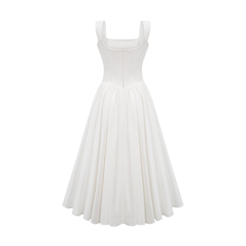Brianna White Corset Gown Square Neck Sleeveless Pleated Flared Skirt Ankle Length Dress