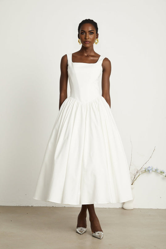 Brianna White Corset Gown Square Neck Sleeveless Pleated Flared Skirt Ankle Length Dress