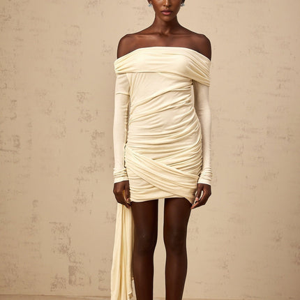 Brianna White Mini Dress Ribbon Ruched Fitted Off-Shoulder Long Sleeves Curved Hem Thigh Length Rayon Acrylic Blend