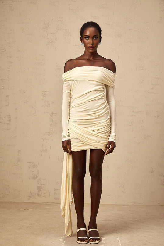 Brianna White Mini Dress Ribbon Ruched Fitted Off-Shoulder Long Sleeves Curved Hem Thigh Length Rayon Acrylic Blend