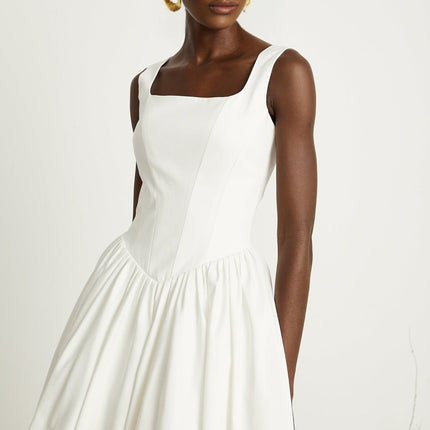 Brianna White Pleated Corset Gown Dress Square Neck Sleeveless Flared Skirt Ankle Length