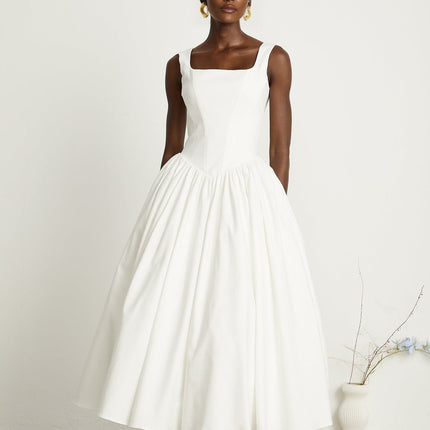 Brianna White Pleated Corset Gown Square Neck Sleeveless Flared Skirt Ankle Length Dress