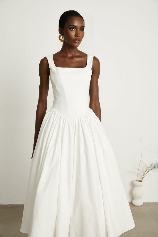Brianna White Pleated Corset Gown Square Neck Sleeveless Flared Skirt Ankle Length 89% Cotton 11% Acetate