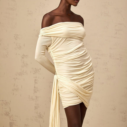 Brianna White Ribbon Ruched Fitted Mini Dress