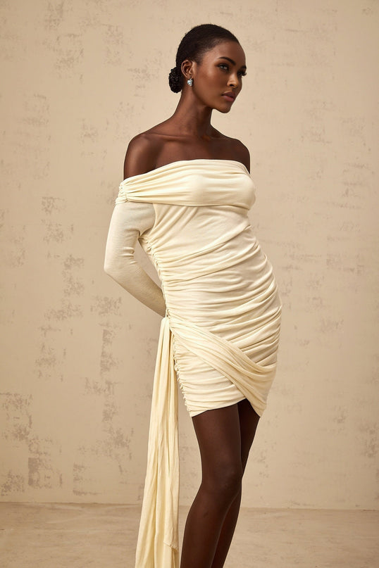 Brianna White Ribbon Ruched Fitted Mini Dress
