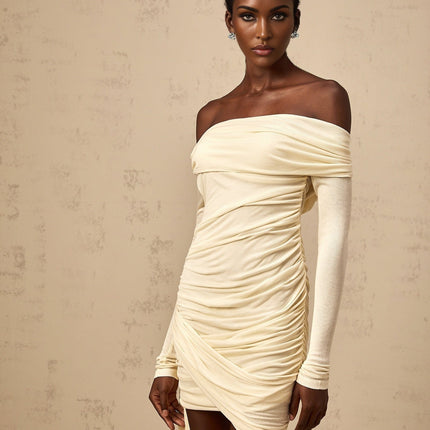 Brianna White Ribbon Ruched Fitted Mini Dress
