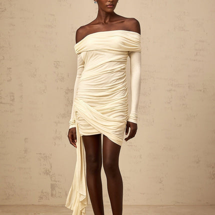 Brianna White Ribbon Ruched Mini Dress Fitted Off Shoulder Long Sleeve Curved Hem Thigh Length