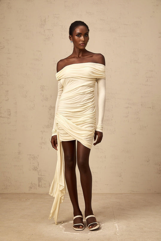 Brianna White Ribbon Ruched Mini Dress Fitted Off Shoulder Long Sleeve Curved Hem Thigh Length