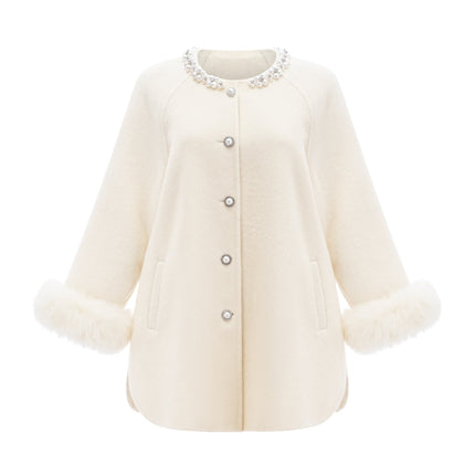 Brielle White Wool Fur Crystal Pearl Embellished Coat
