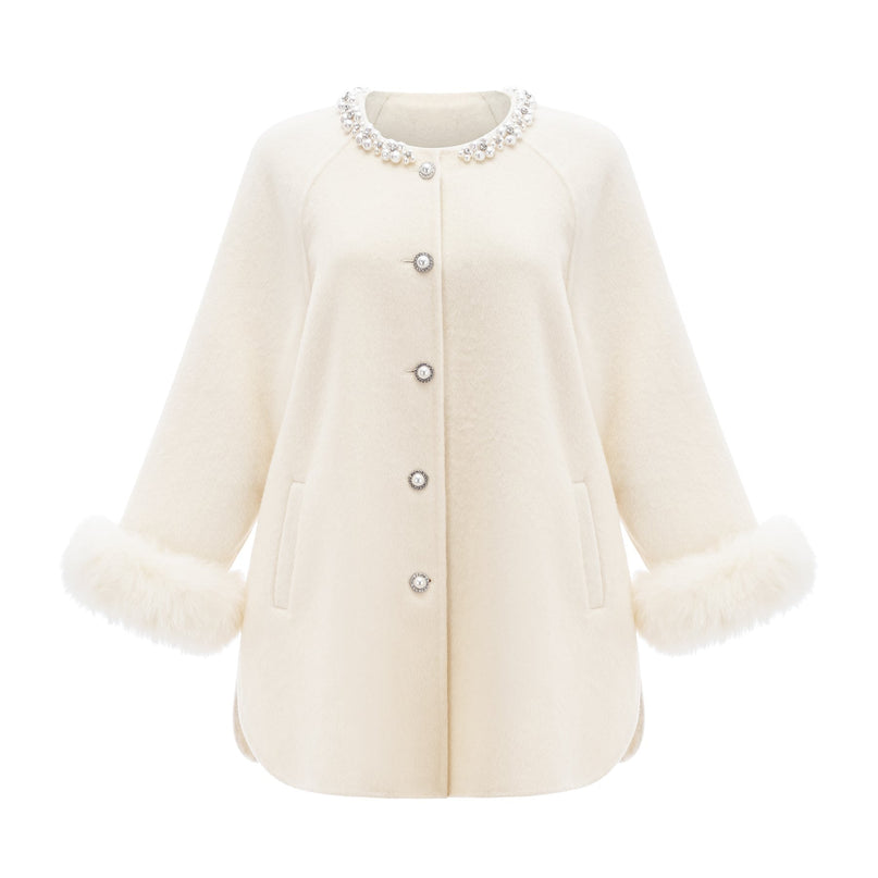 Brielle White Wool Fur Crystal Pearl Embellished Coat