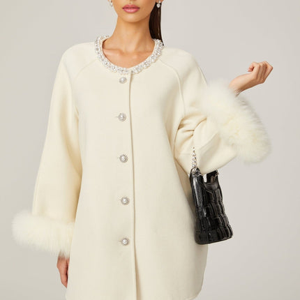 Brielle White Wool Fur Crystal Pearl Embellished Coat