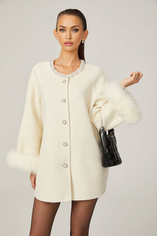 Brielle White Wool Fur Crystal Pearl Embellished Coat