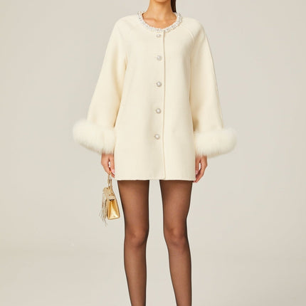Brielle White Wool Fur Crystal Pearl Embellished Coat