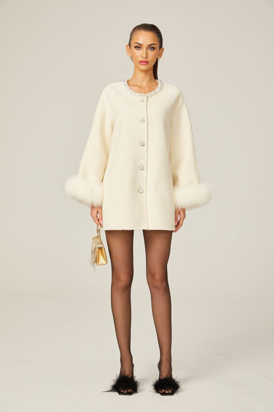 Brielle White Wool Fur Crystal Pearl Embellished Coat