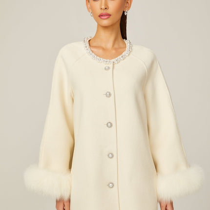 Brielle White Wool Fur Crystal Pearl Embellished Coat