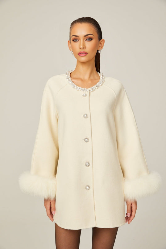Brielle White Wool Fur Crystal Pearl Embellished Coat