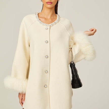 Brielle White Wool Fur Crystal Pearl Embellished Coat