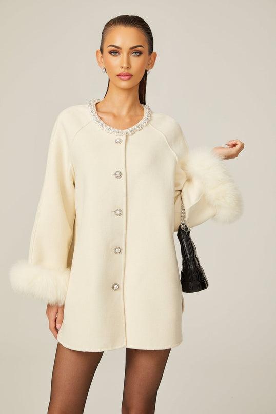 Brielle White Wool Fur Crystal Pearl Embellished Coat