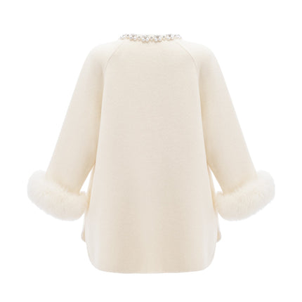 Brielle White Wool Fur Crystal Pearl Embellished Coat