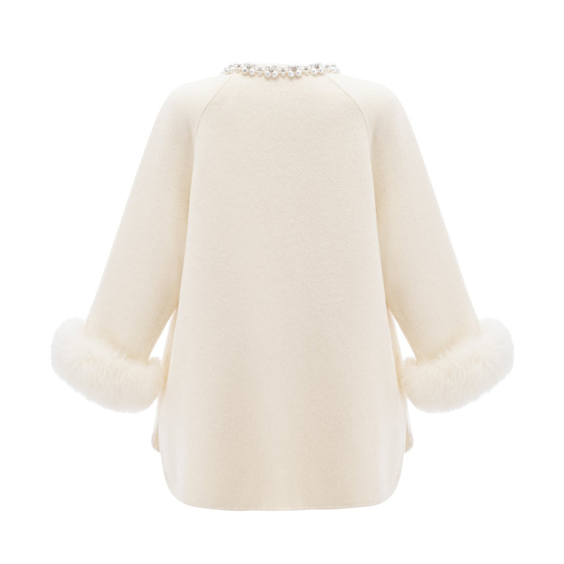 Brielle White Wool Fur Crystal Pearl Embellished Coat
