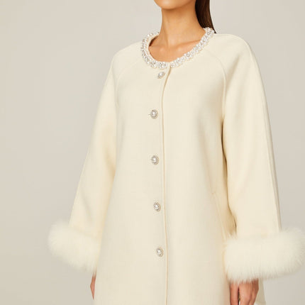 Brielle White Wool Fur Crystal Pearl Embellished Coat