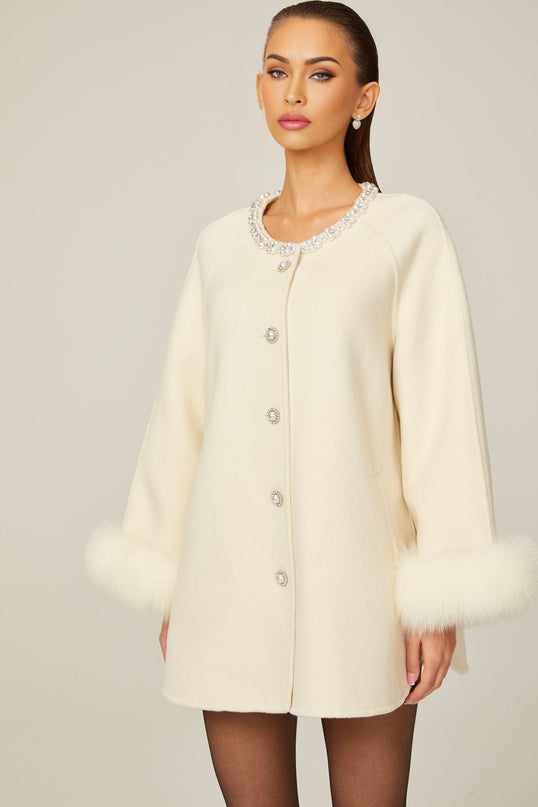 Brielle White Wool Fur Crystal Pearl Embellished Coat
