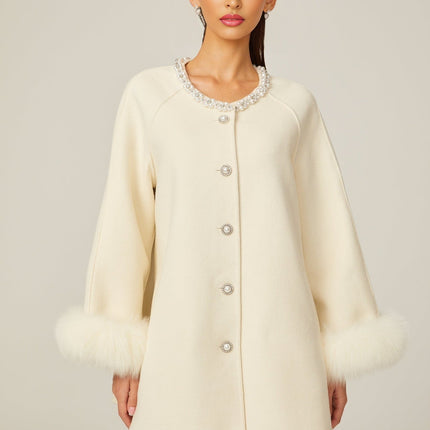 Brielle White Wool Fur Crystal Pearl Embellished Coat