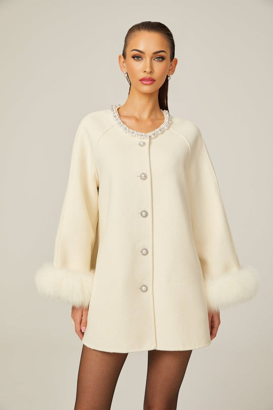 Brielle White Wool Fur Crystal Pearl Embellished Coat