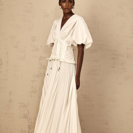 Brielle White Maxi Dress Plunging V-neck Puff Sleeves Cinched Waist Lace-up Pleated Detailing Rear Zip Fastening Terylene Fiber Luxury Special Occasion
