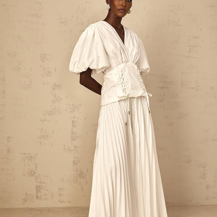 Brielle White Maxi Dress with Plunging V-Neck and Puff Sleeves