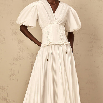Brielle White Maxi Dress Plunging V-Neck Half Puff Sleeves Cinched Waist Lace-Up Pleated Detailing Rear Zip Fastening Terylene Fiber Luxury Refinement Special Occasion