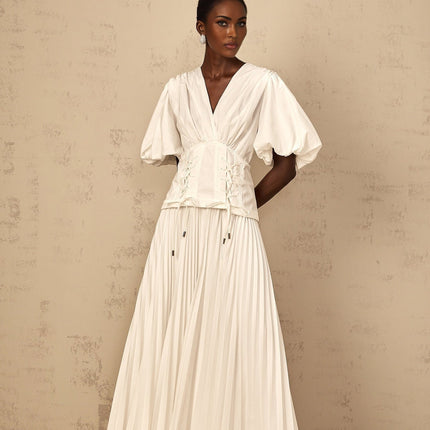 Brielle White Maxi Dress Plunging V-Neck Half Puff Sleeves Cinched Waist Lace-Up Pleats Rear Zip Terylene Fiber Luxury Special Occasion