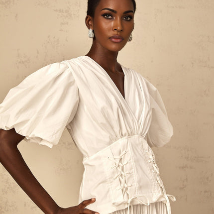 Brielle White Maxi Dress V-neck Puff Sleeves Lace-up Pleated Cinched Waist Terylene Fiber Special Occasion