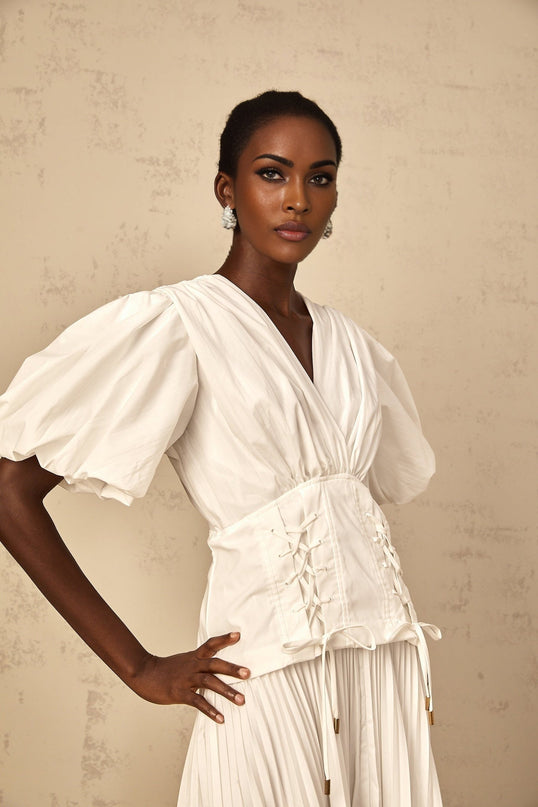 Brielle White Maxi Dress V-neck Puff Sleeves Lace-up Pleated Cinched Waist Terylene Fiber Special Occasion