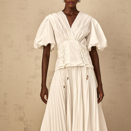 Brielle White Maxi Dress V-Neck Puff Sleeves Lace-Up Pleated Cinched Waist Rear Zip Terylene Fiber Luxury Special Occasion