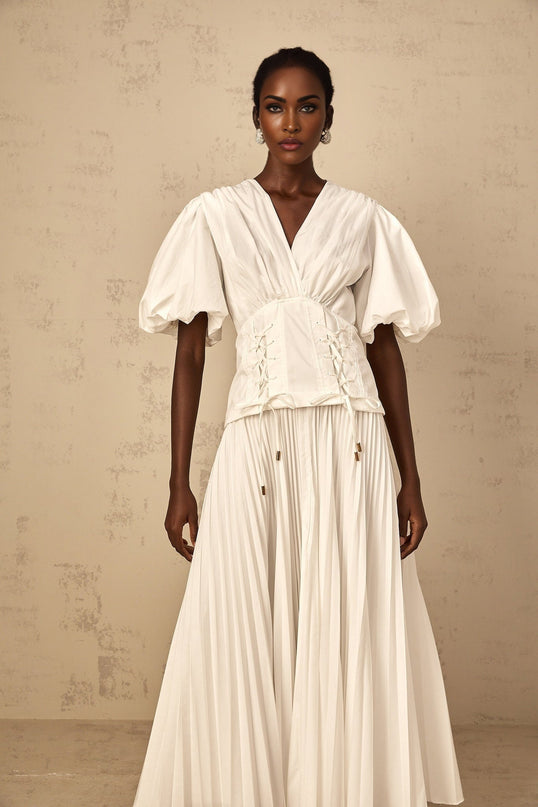 Brielle White Maxi Dress V-Neck Puff Sleeves Lace-Up Pleated Cinched Waist Rear Zip Terylene Fiber Luxury Special Occasion