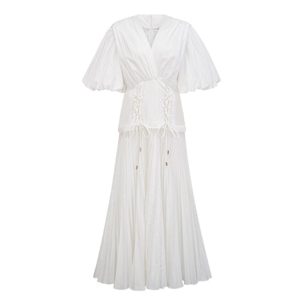 Brielle White Maxi Dress with Plunging V-Neck and Puff Sleeves