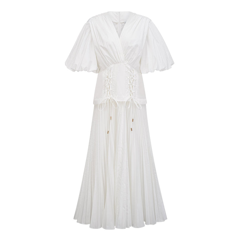 Brielle White Maxi Dress with Plunging V-Neck and Puff Sleeves