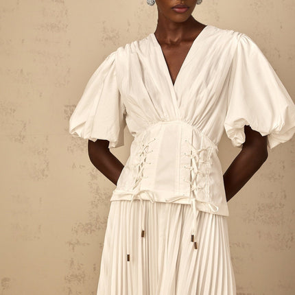 Brielle White Maxi Dress Plunging V-Neck Half Puff Sleeves Cinched Waist Lace-Up Pleated Detailing Rear Zip Fastening Terylene Fiber Luxury Special Occasion